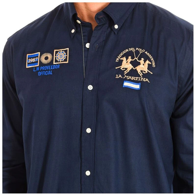 La Martina Chemise élégante à manches longues en coton bleu pour homme, bleu, Taille L