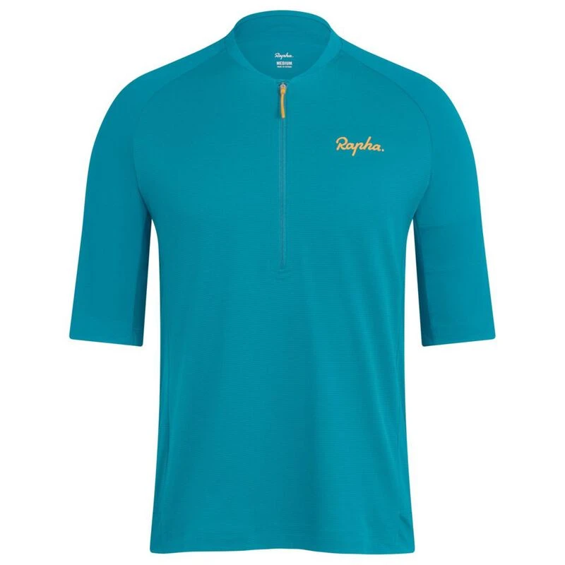 Rapha Mens Explore Zip Neck Technical T-Shirt (Teal/Dark Yellow) | Spo