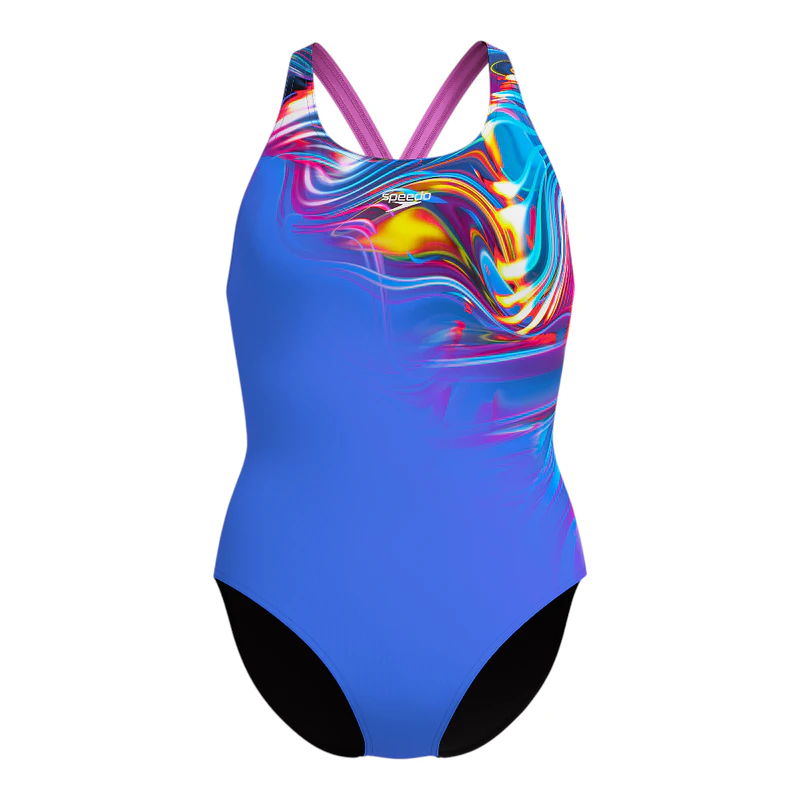 Speedo Powerback Speedo Womens Placement Digital Powerback One-Piece Swimsuit (Blue)