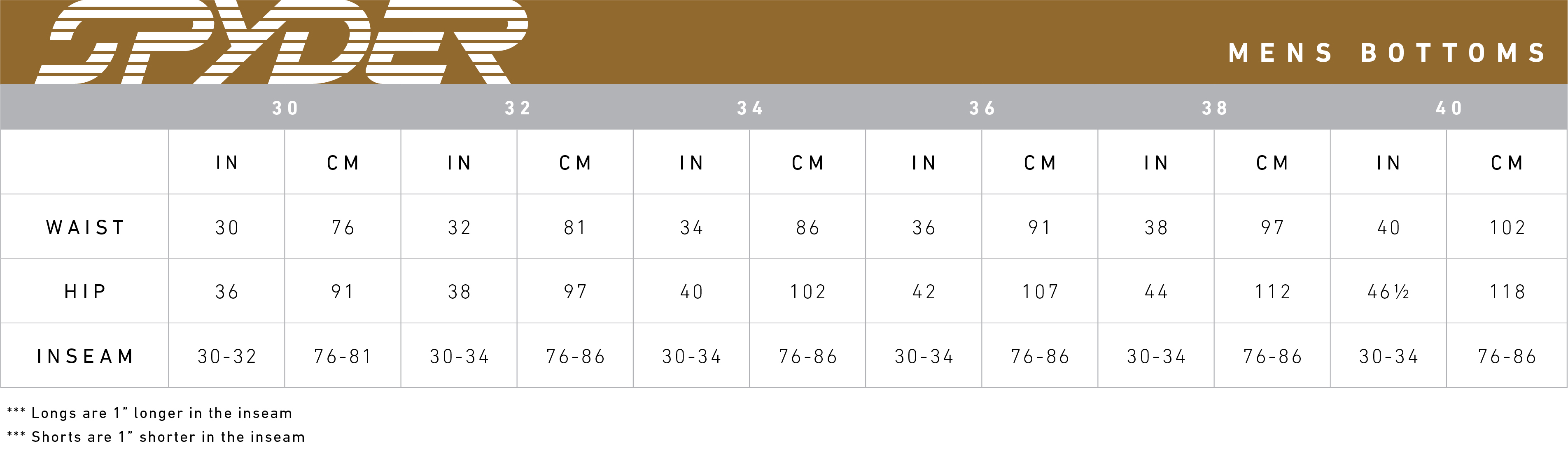 Spyder Size Guide
