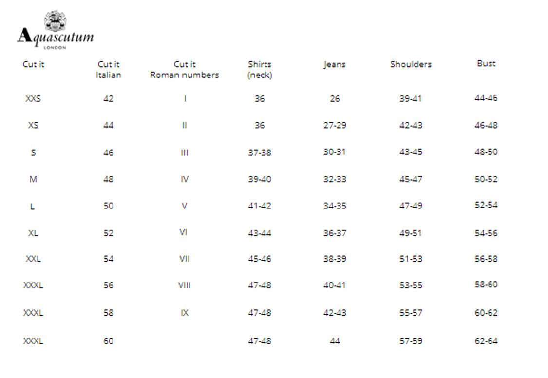 Aquascutum Size Guide