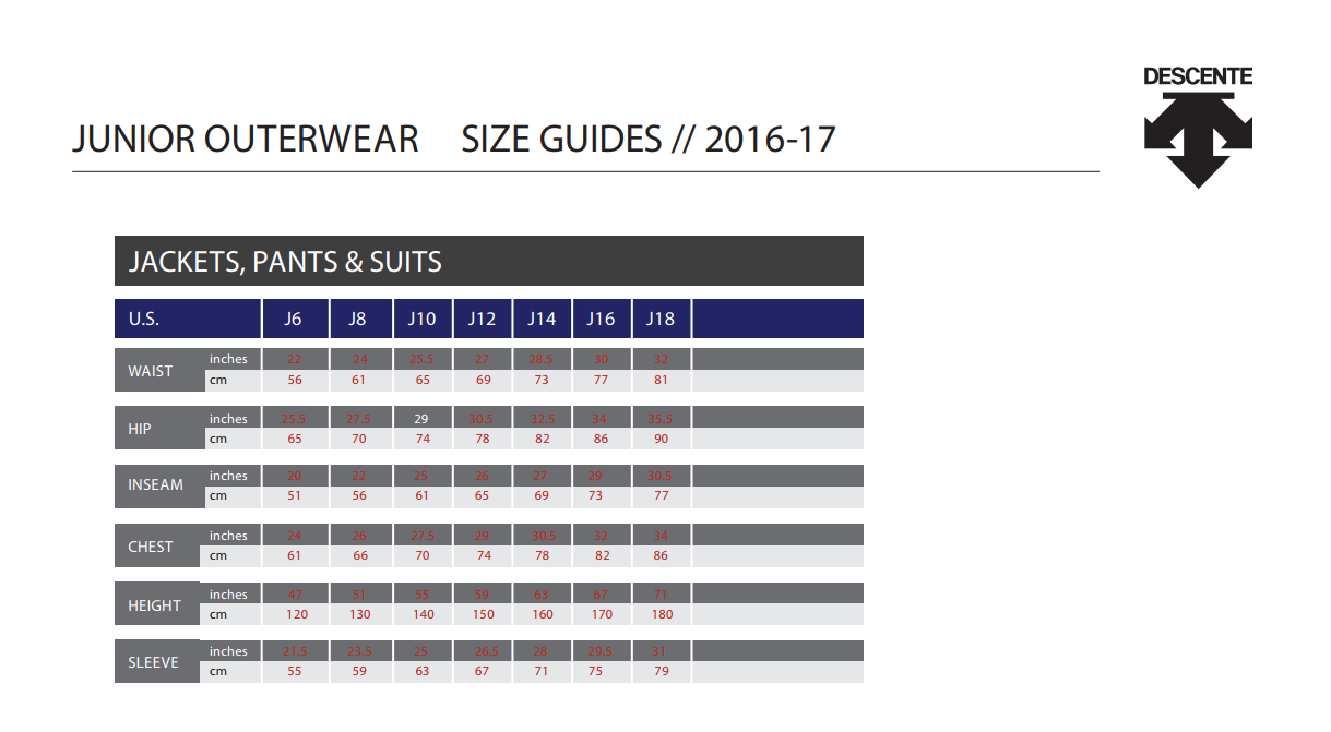Descente Size Guide
